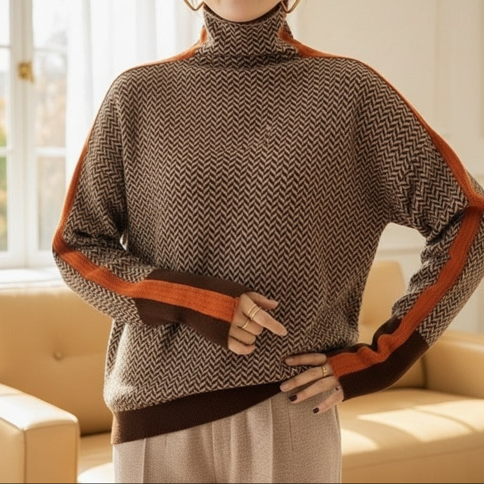 Eleanor | Sweter z wysokim kołnierzem w jodełkę Luxe