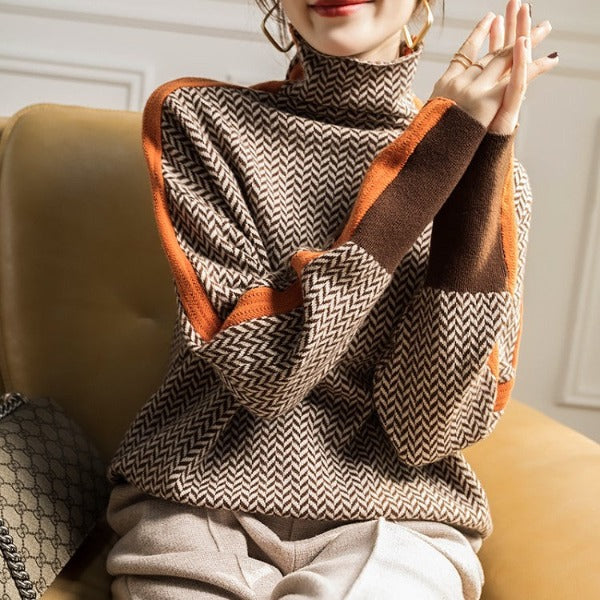 Eleanor | Sweter z wysokim kołnierzem w jodełkę Luxe