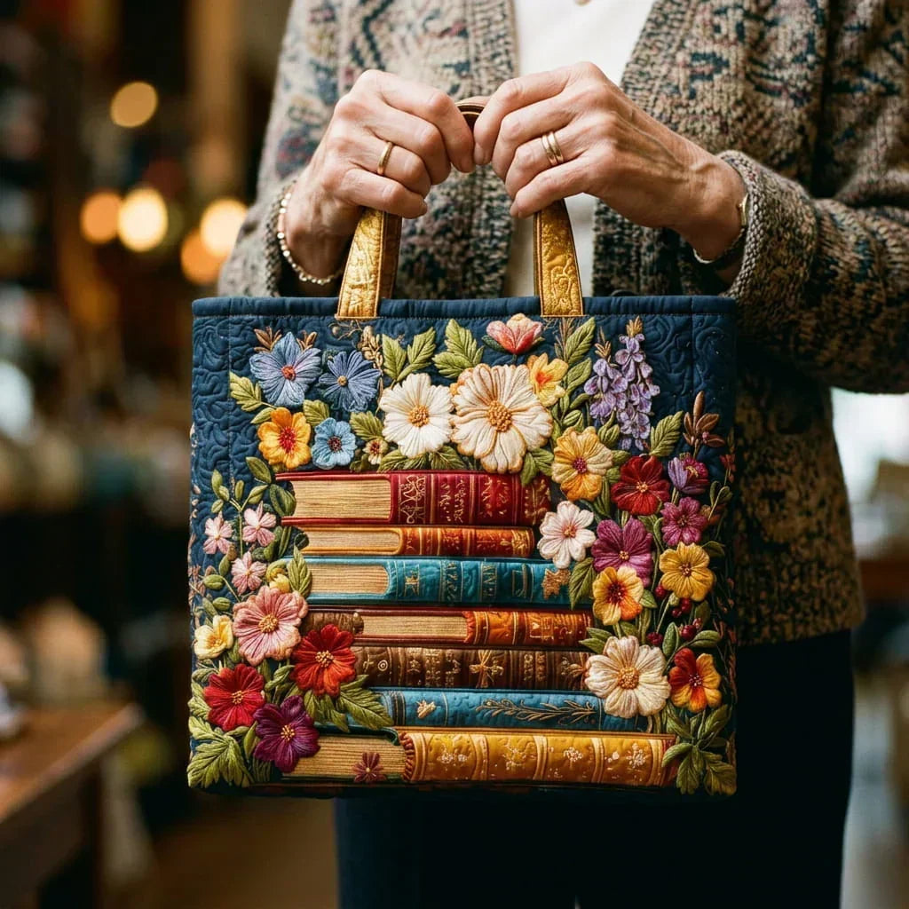 Torba Tote Artisanal - Wzór Kwiatowy i Książki